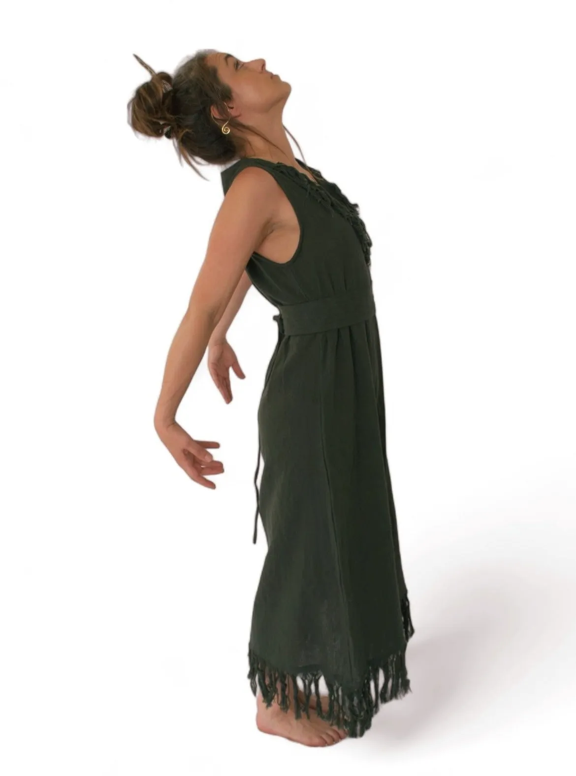 Organic Cotton Forest Green Fringe Dress