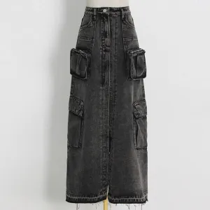 Patchwork Pockets Streetwear Denim Skirts For Women High Waist Spliced Button Solid Casual Split Skirt Female Fashion Style