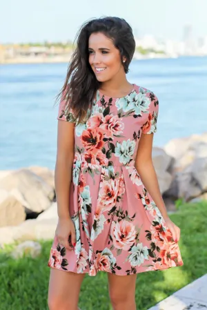 Pink Floral Short Dress with Pleats