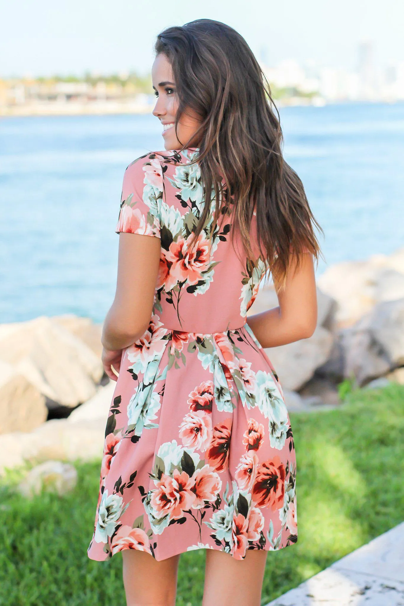 Pink Floral Short Dress with Pleats