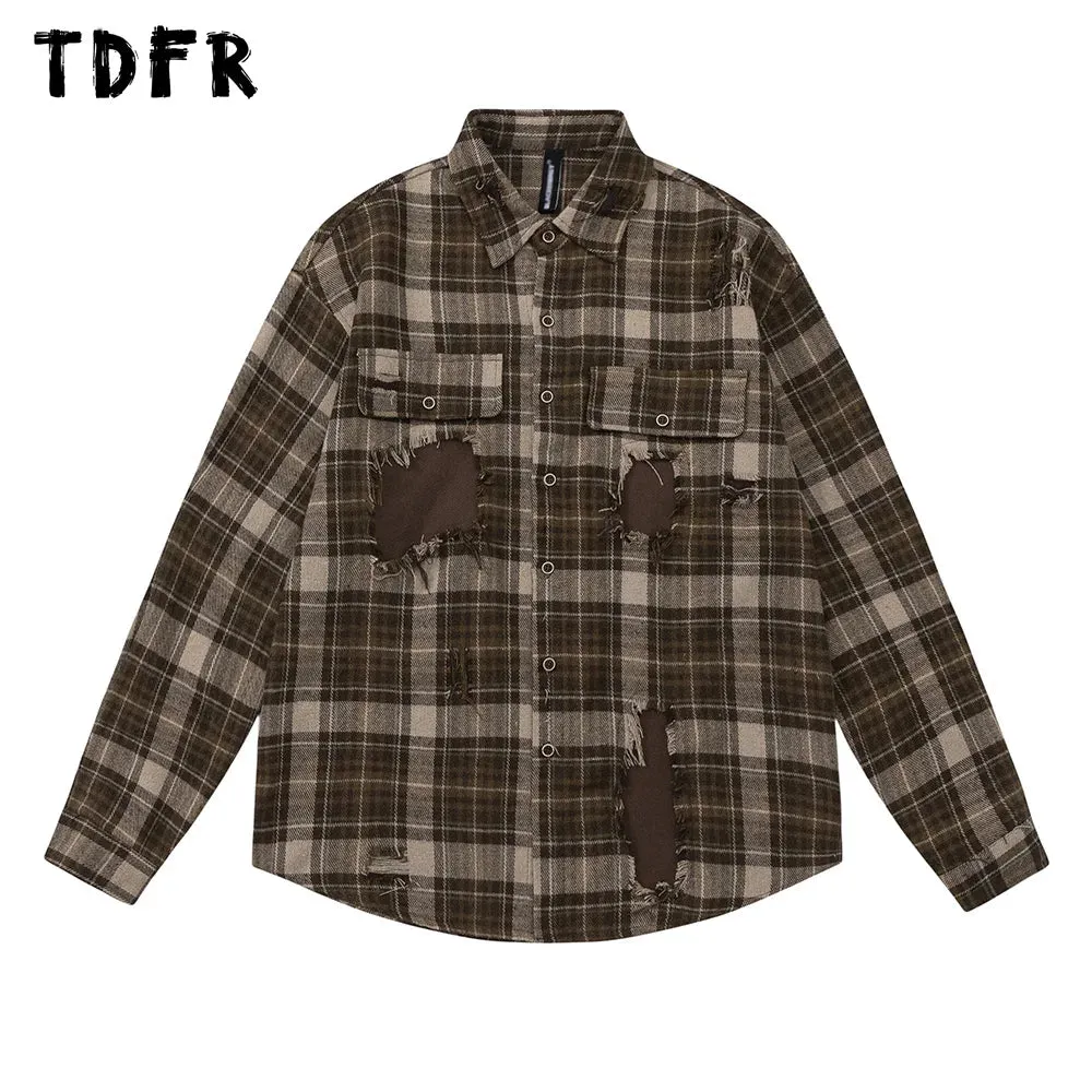 Retro Casual Plaid Shirt with Ripped Patchwork and Single Breasted Closure