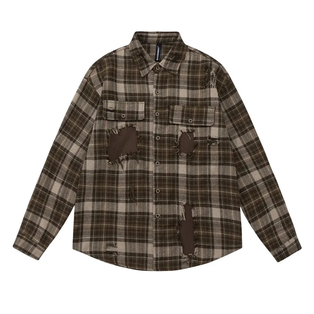 Retro Casual Plaid Shirt with Ripped Patchwork and Single Breasted Closure