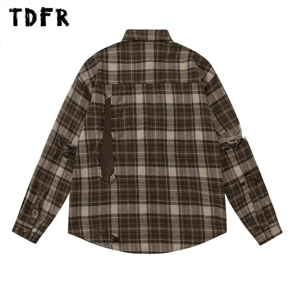 Retro Casual Plaid Shirt with Ripped Patchwork and Single Breasted Closure