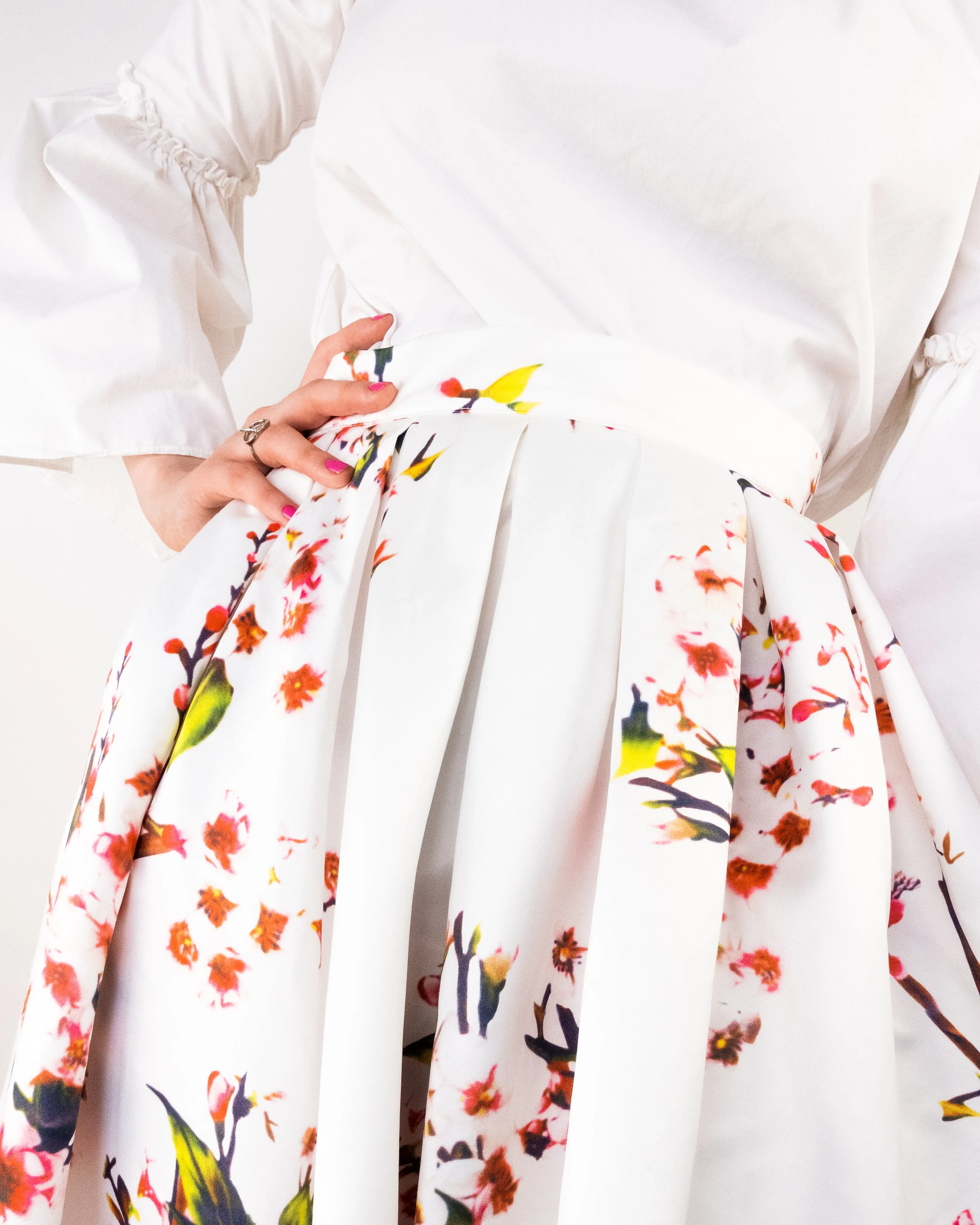 Satin Floral Skirt White