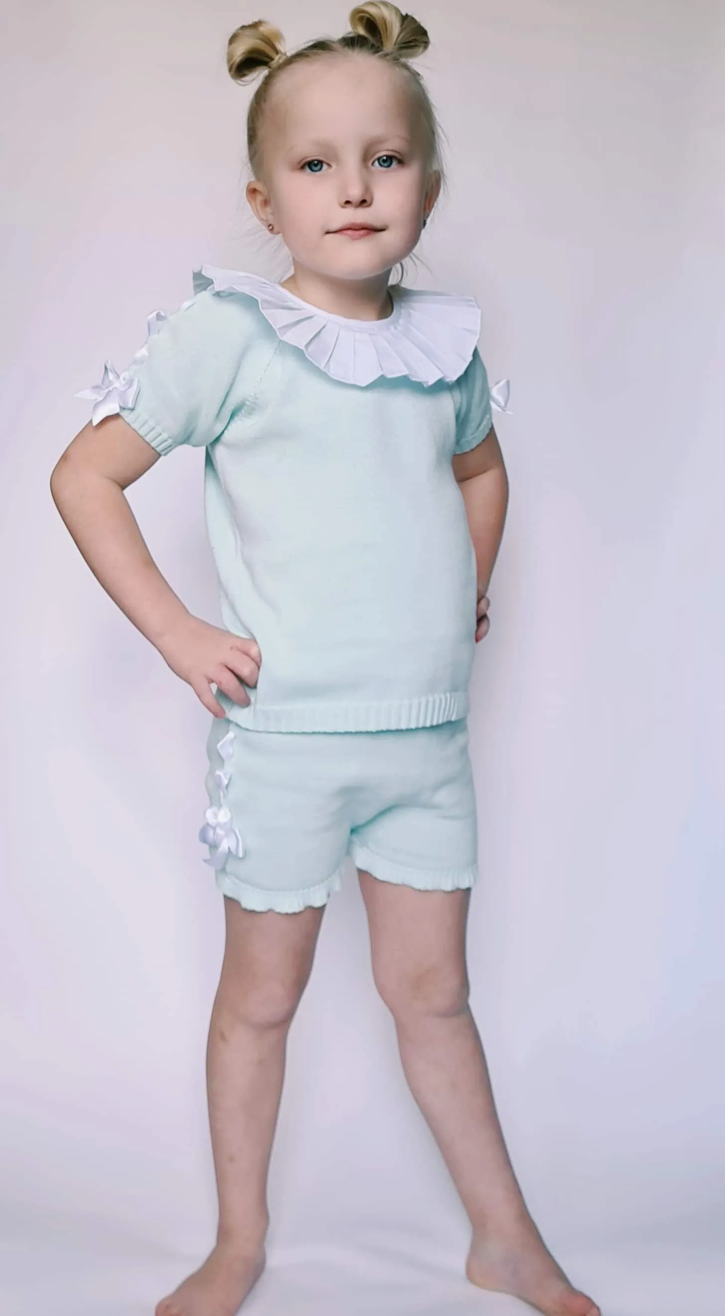 SS21 Aurea Girls Mint Green Knitted Bow Short Set