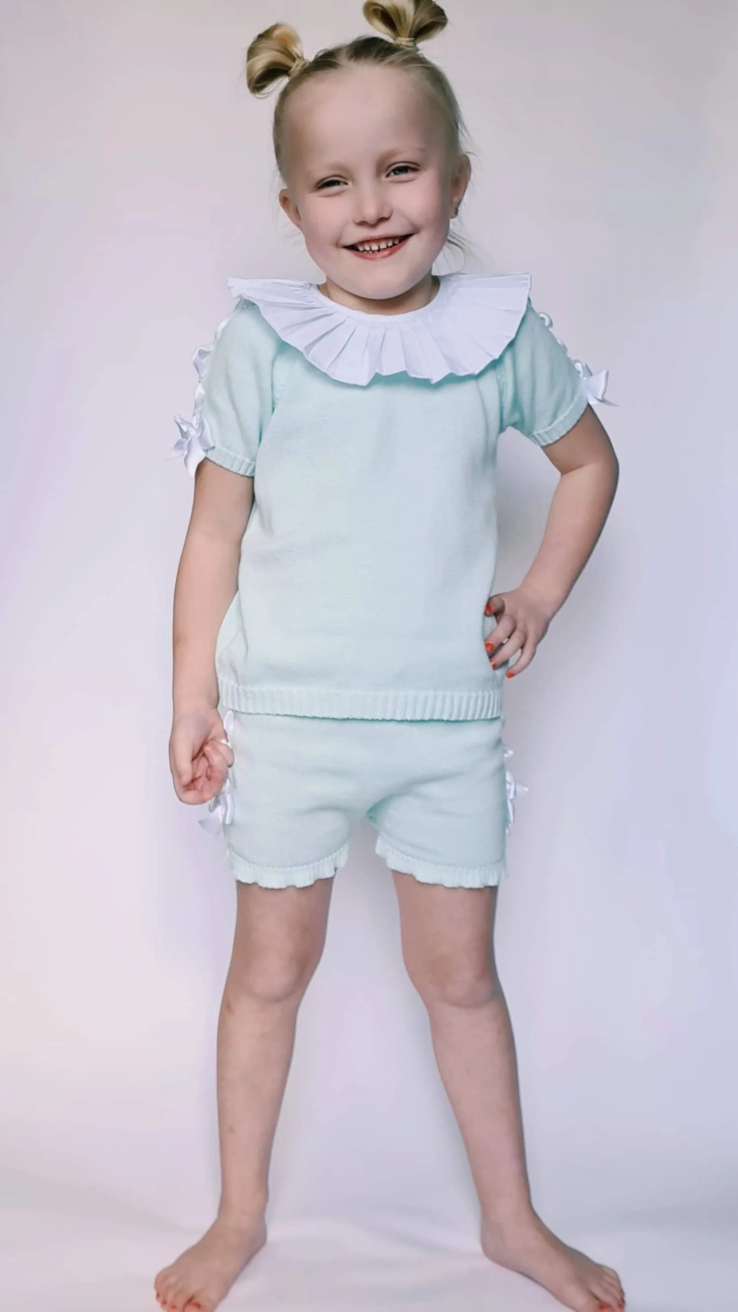 SS21 Aurea Girls Mint Green Knitted Bow Short Set