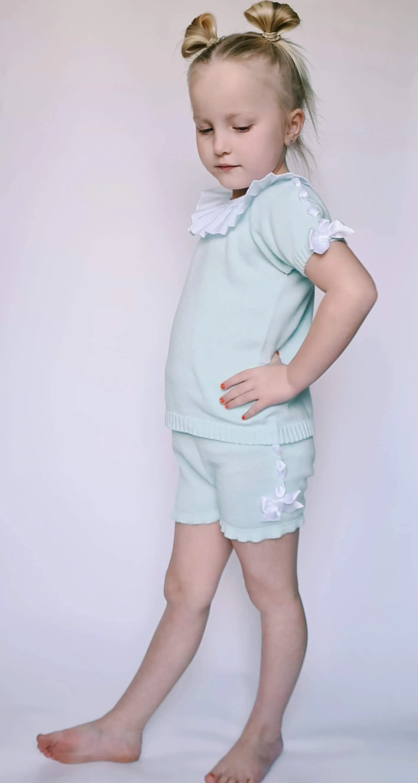 SS21 Aurea Girls Mint Green Knitted Bow Short Set