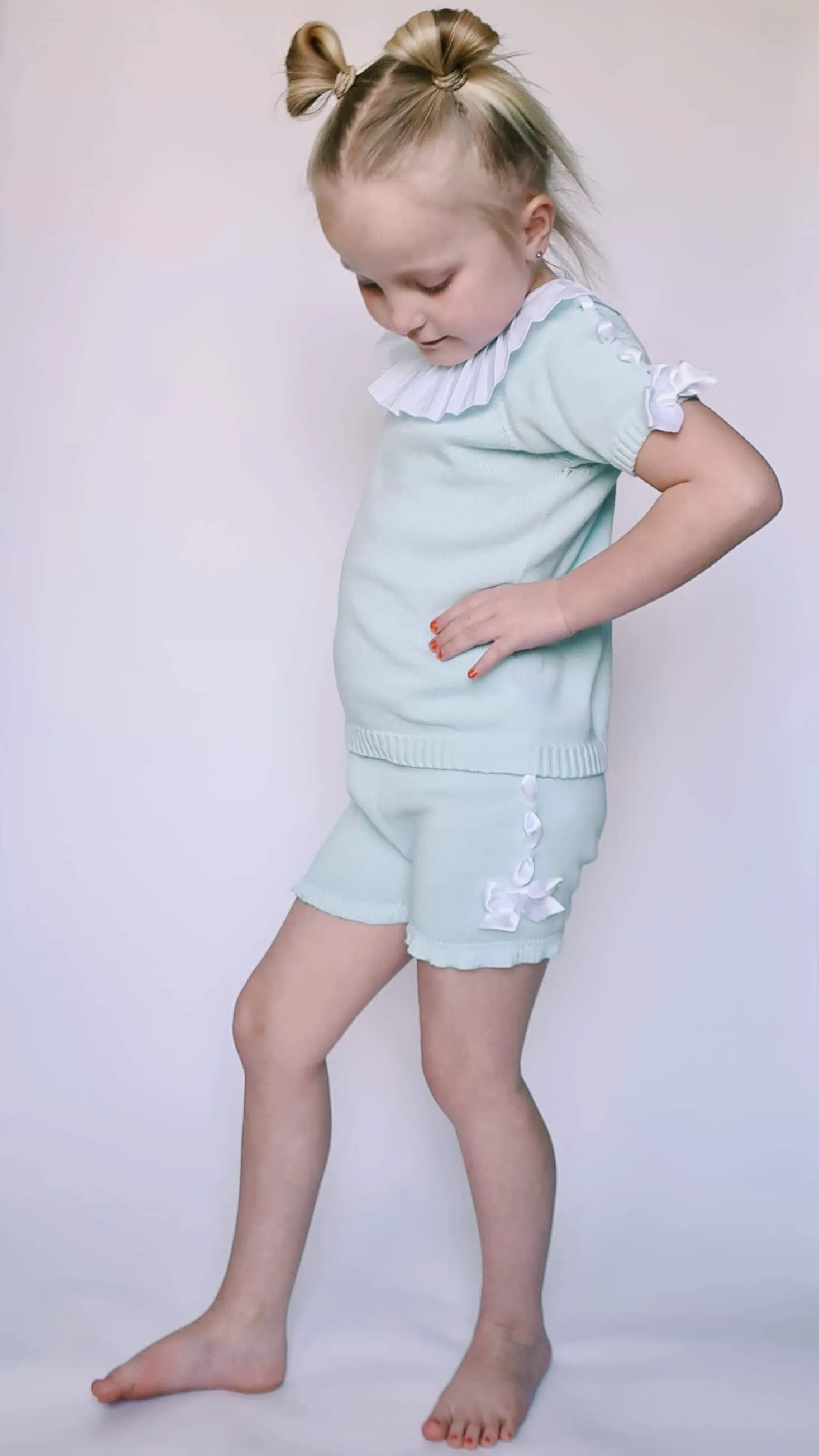 SS21 Aurea Girls Mint Green Knitted Bow Short Set