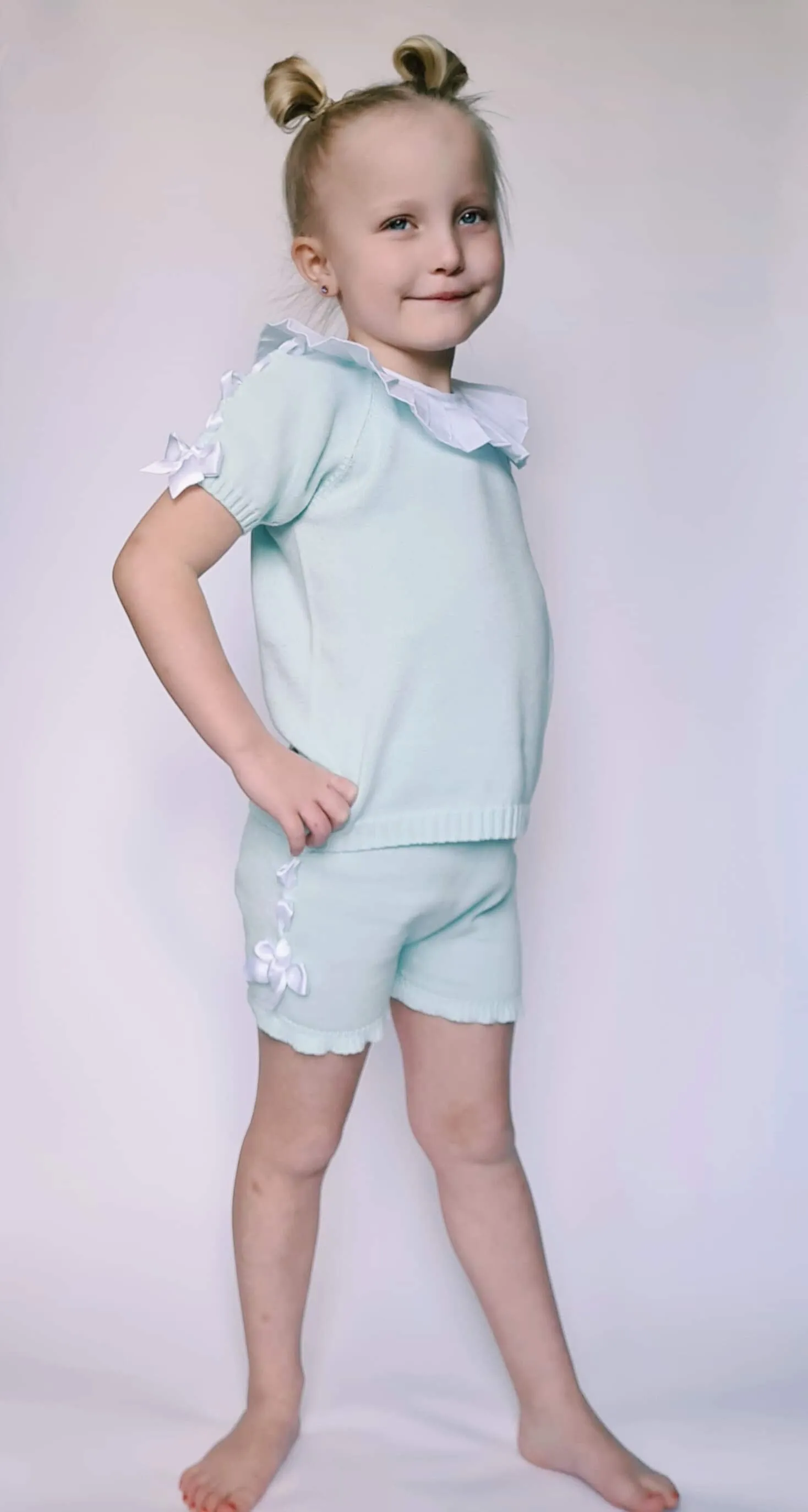 SS21 Aurea Girls Mint Green Knitted Bow Short Set