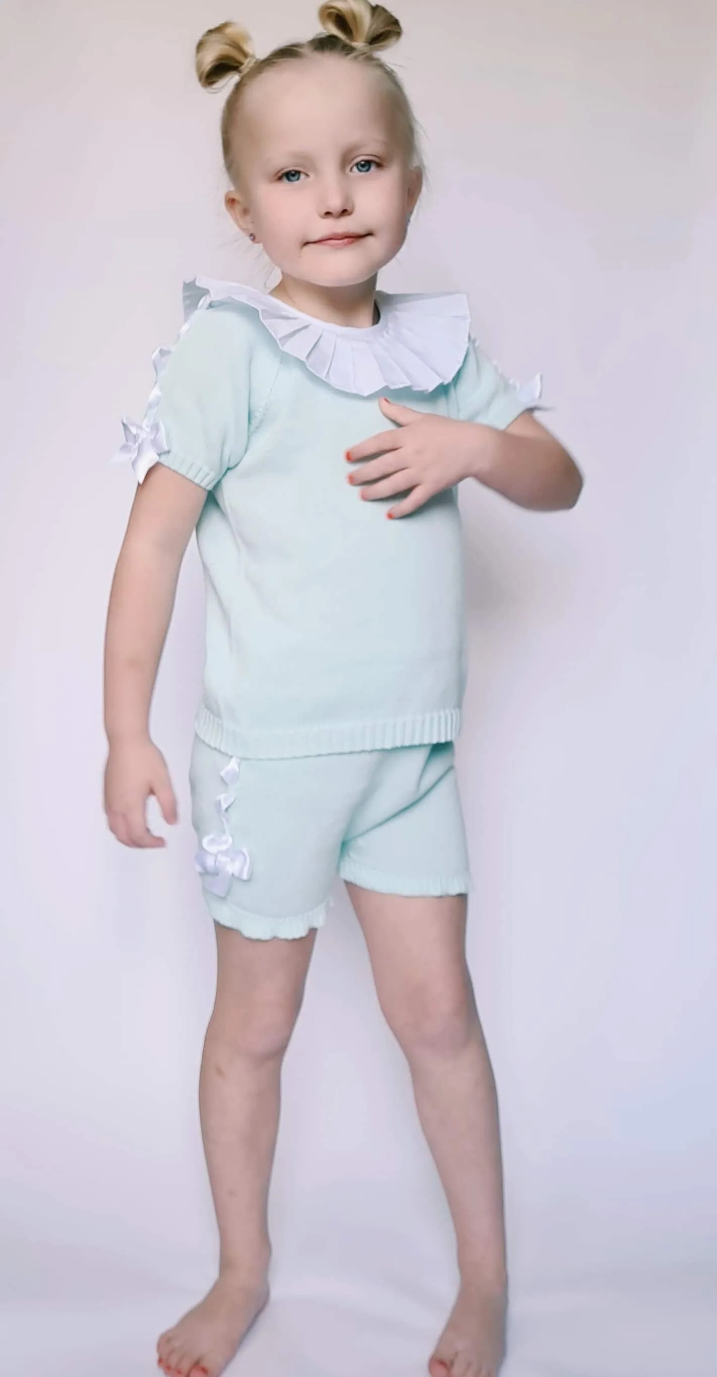 SS21 Aurea Girls Mint Green Knitted Bow Short Set