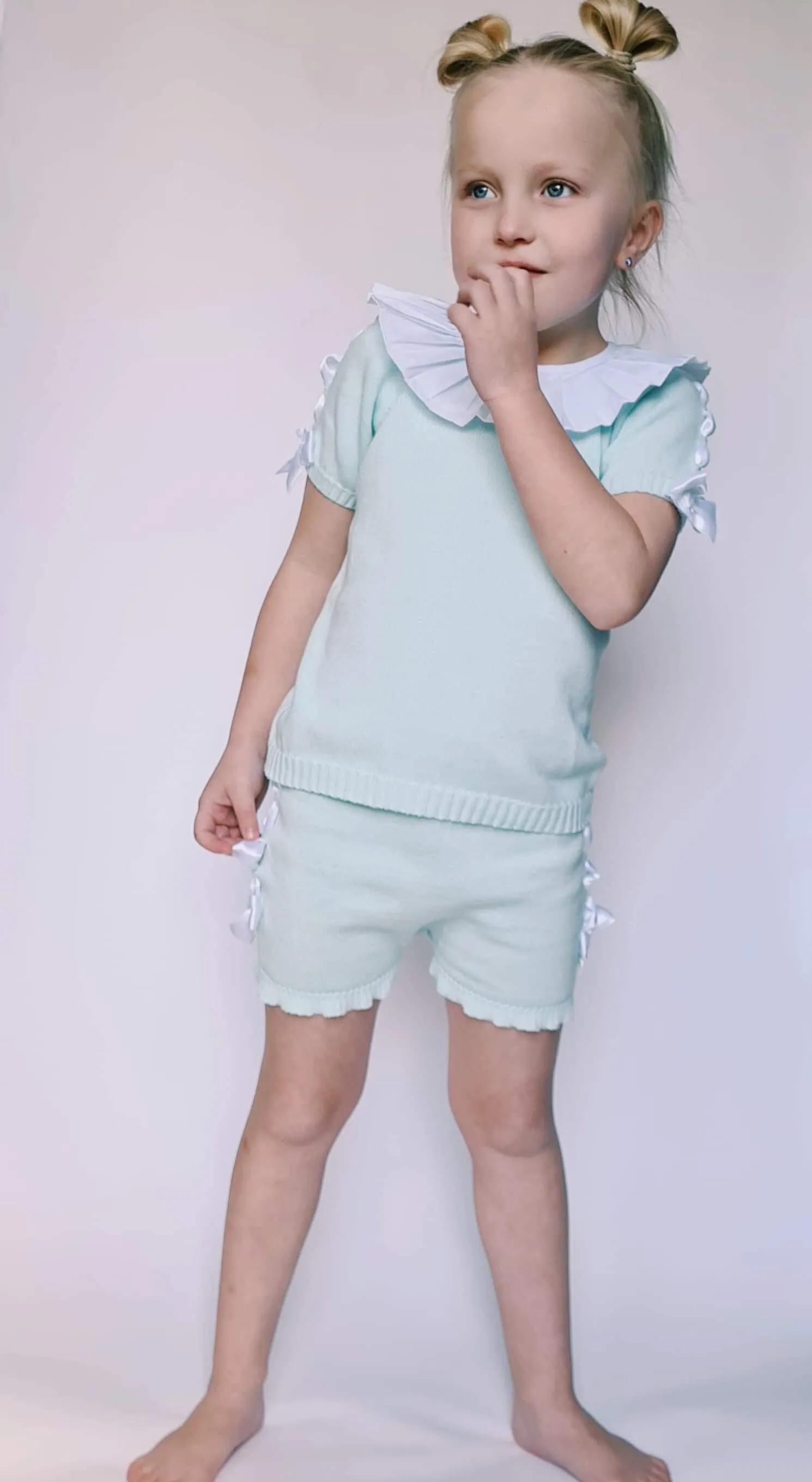 SS21 Aurea Girls Mint Green Knitted Bow Short Set