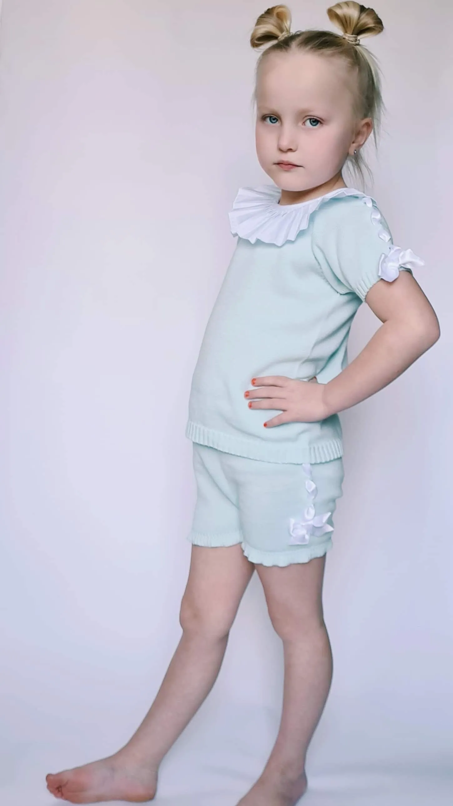 SS21 Aurea Girls Mint Green Knitted Bow Short Set