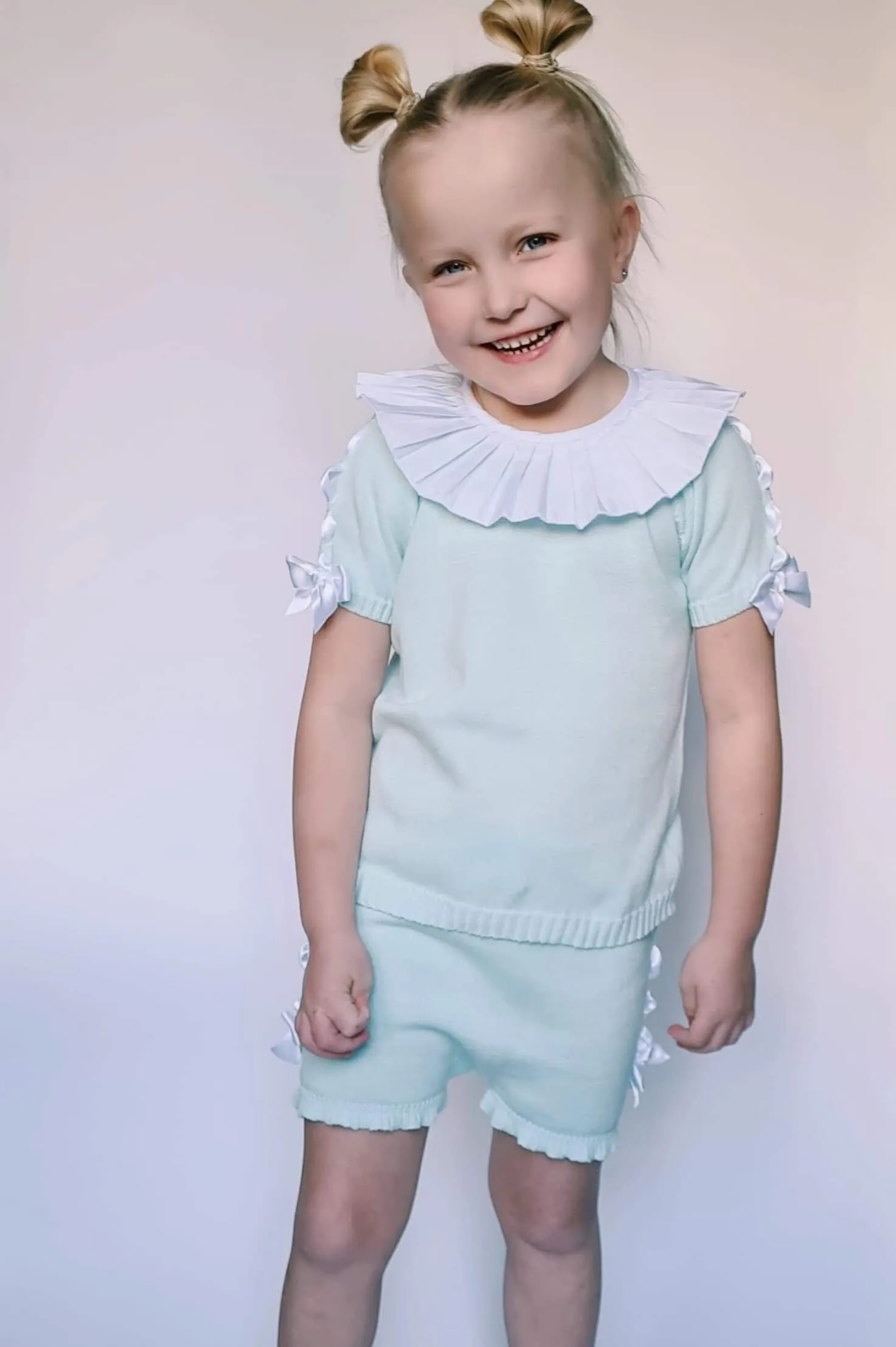 SS21 Aurea Girls Mint Green Knitted Bow Short Set