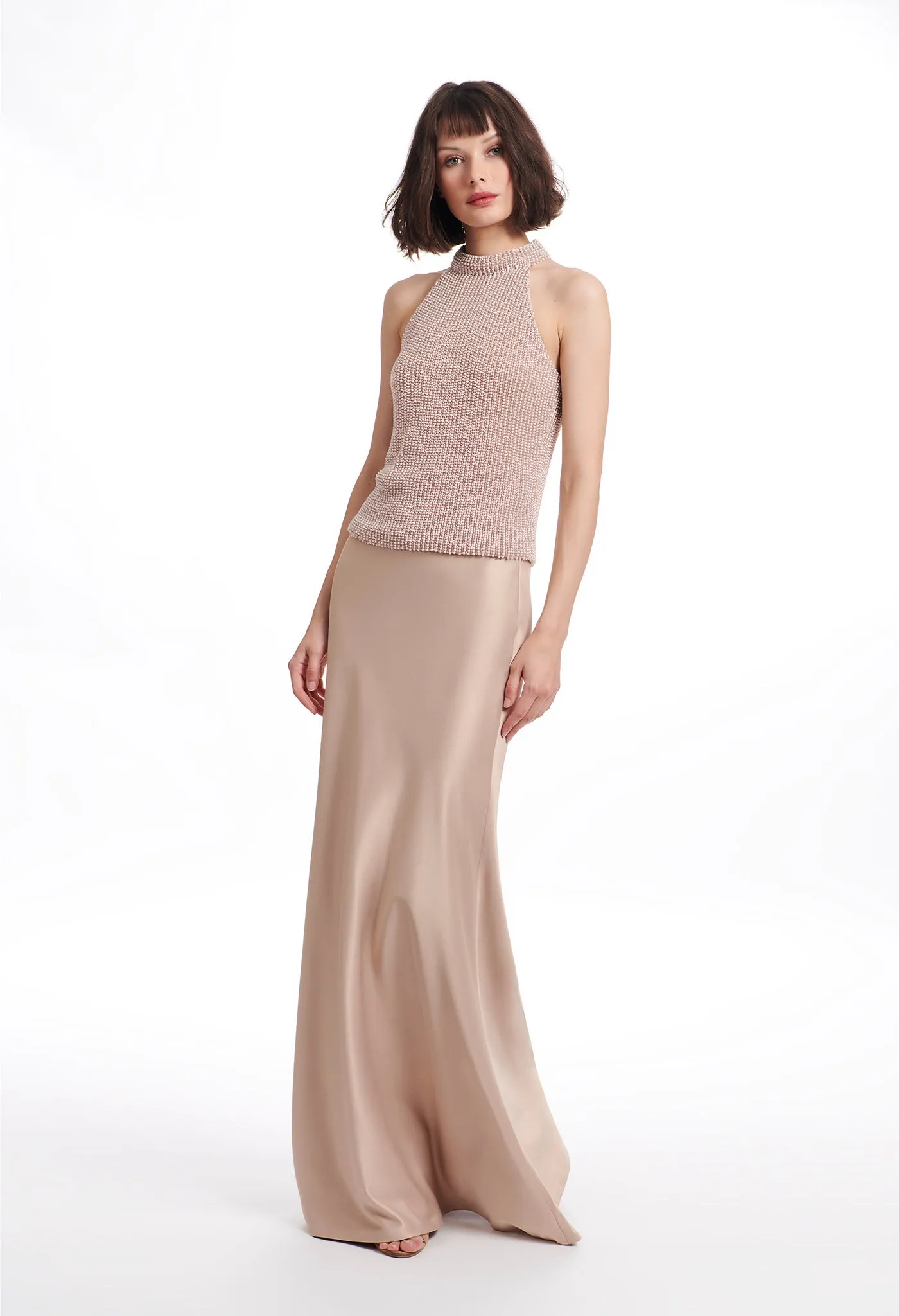 STRETCH SATIN BIAS LONG A-LINE SKIRT BISQUE