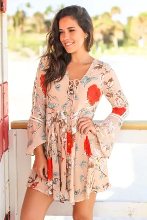 Taupe Floral Print Bell Sleeve Short Dress