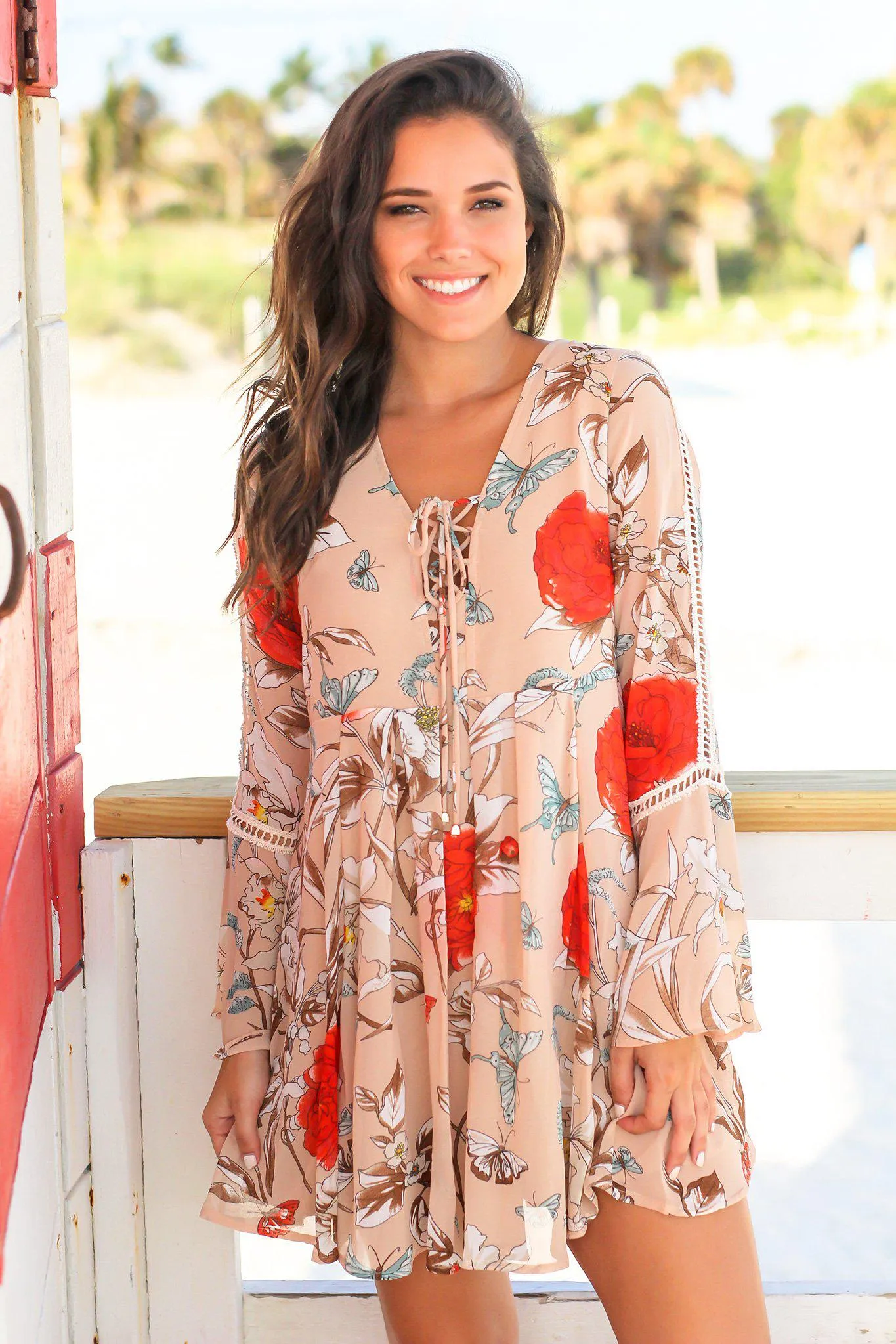 Taupe Floral Print Bell Sleeve Short Dress