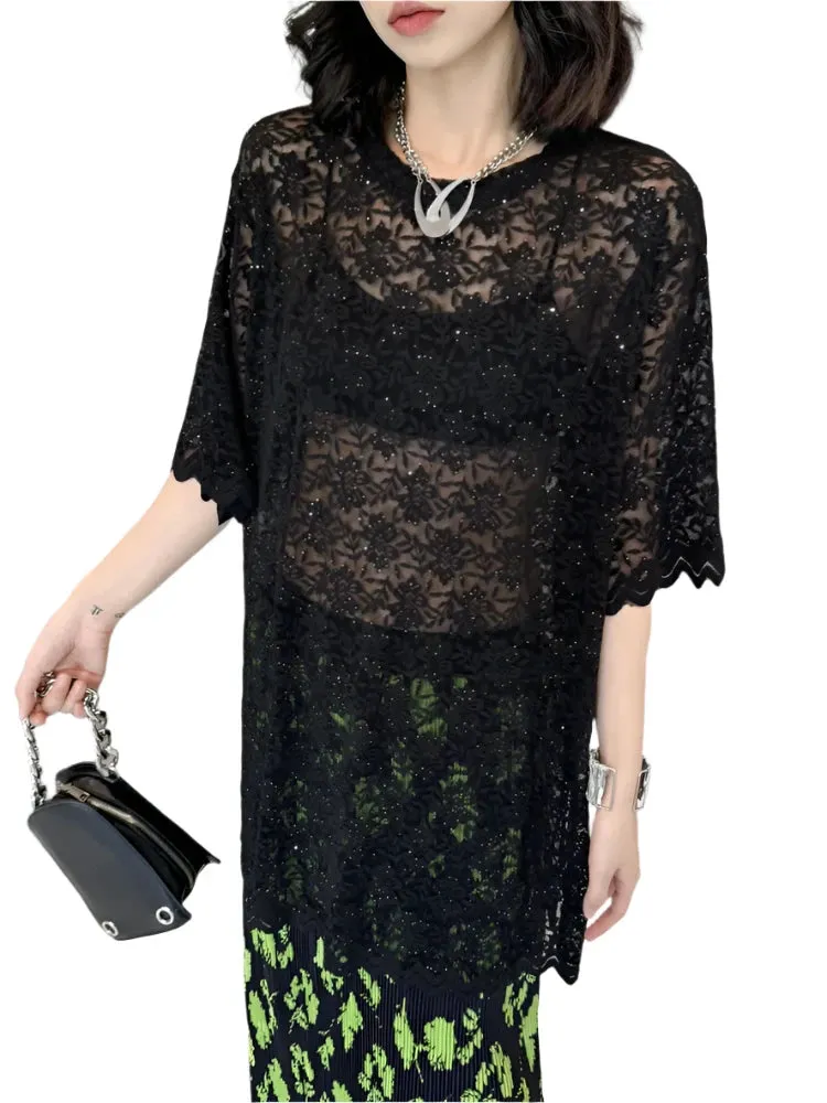 TEEK - Black Lace Perspective Lace Short Sleeve Top