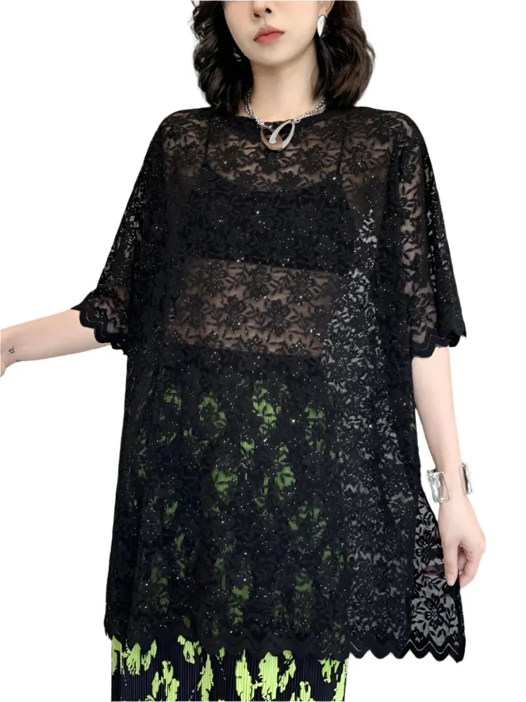 TEEK - Black Lace Perspective Lace Short Sleeve Top