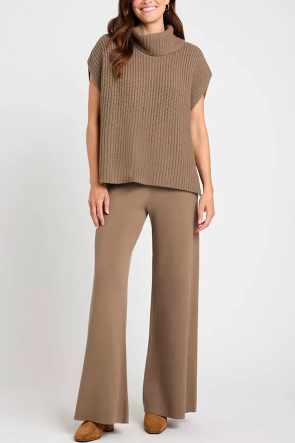 TEEK - Slit Turtleneck Cap Sleeve Sweater