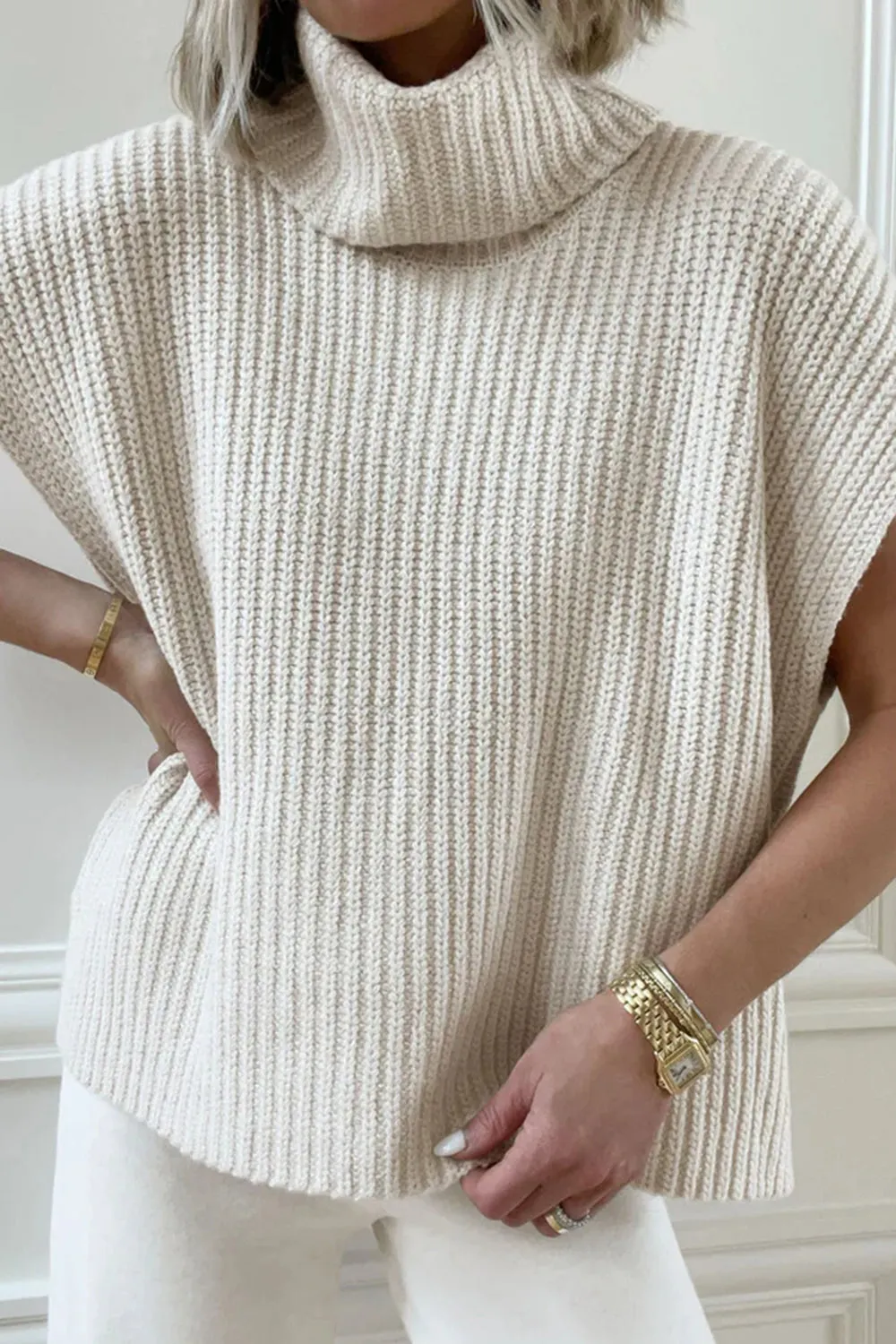 TEEK - Slit Turtleneck Cap Sleeve Sweater