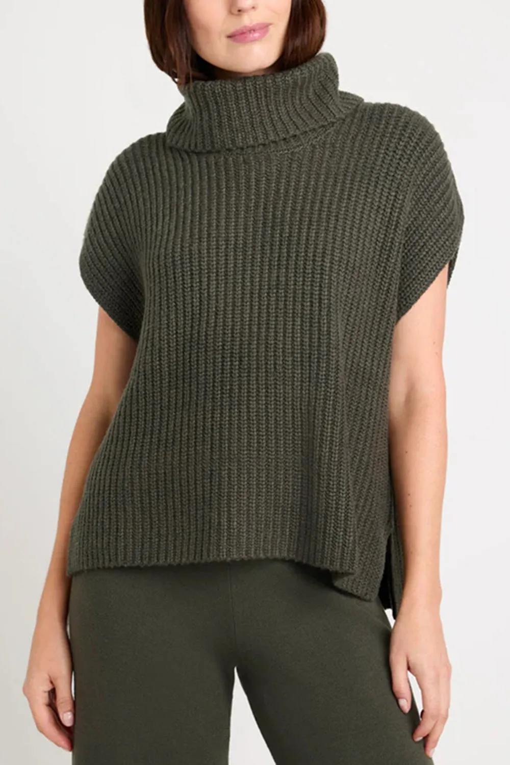 TEEK - Slit Turtleneck Cap Sleeve Sweater