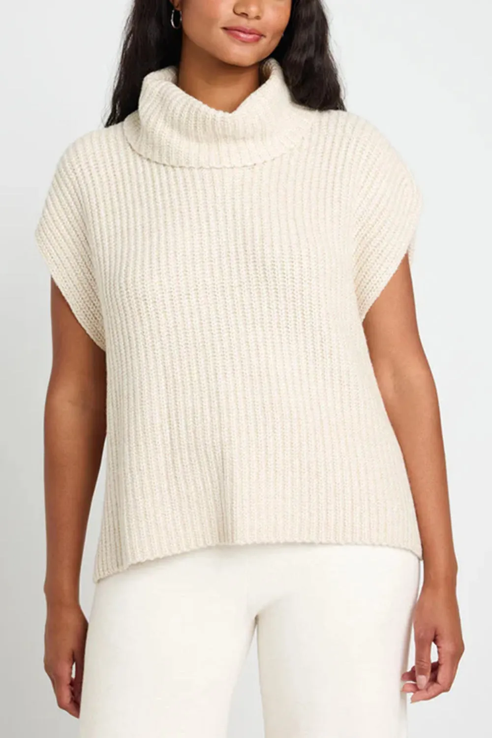 TEEK - Slit Turtleneck Cap Sleeve Sweater