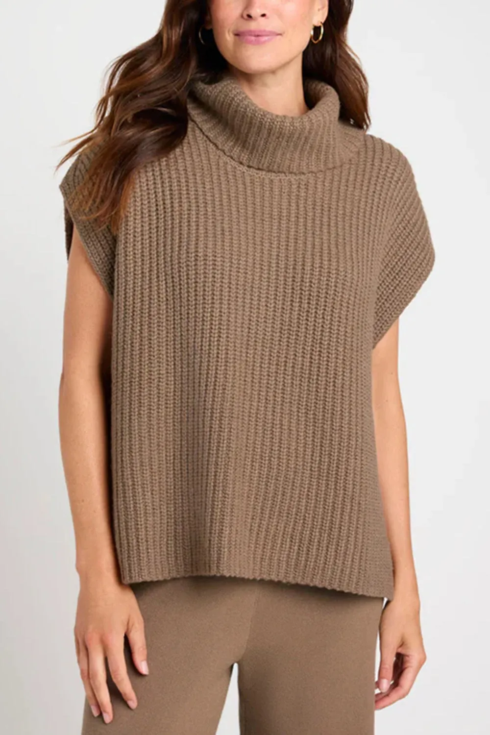 TEEK - Slit Turtleneck Cap Sleeve Sweater