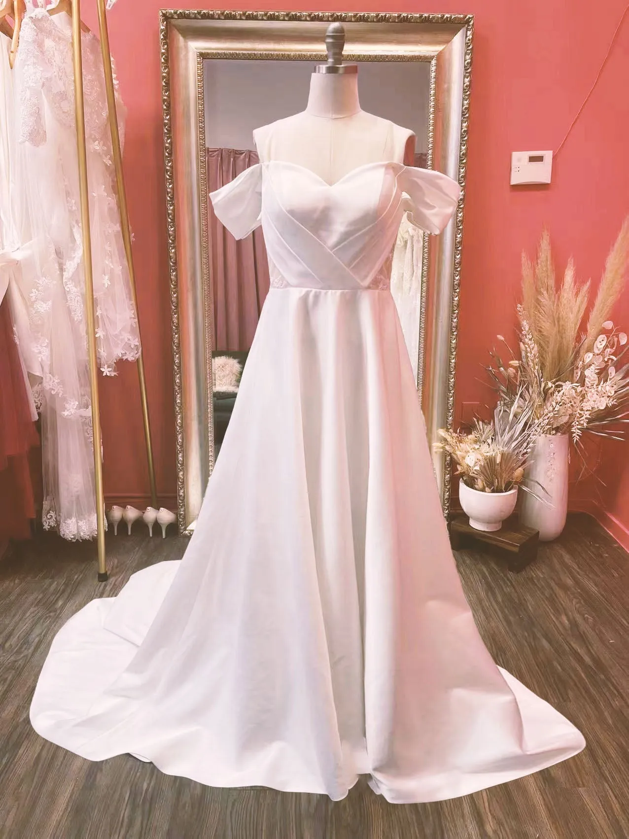 Uris - Selena Huan Chantilly Lace lux matte satin illusive back off the shoulder princess gown