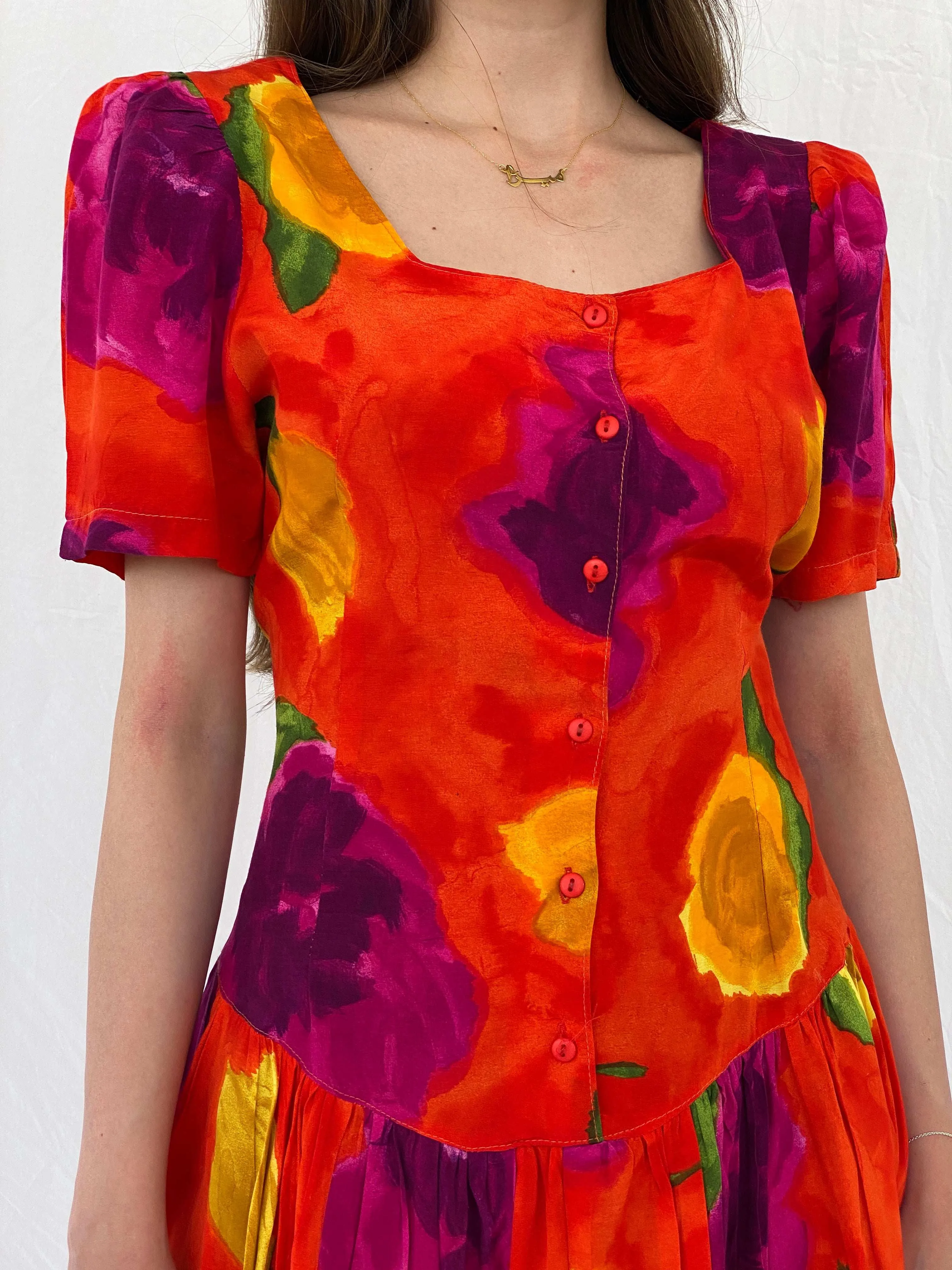 Vintage 80s La Li T Orange Floral Midi Dress - L