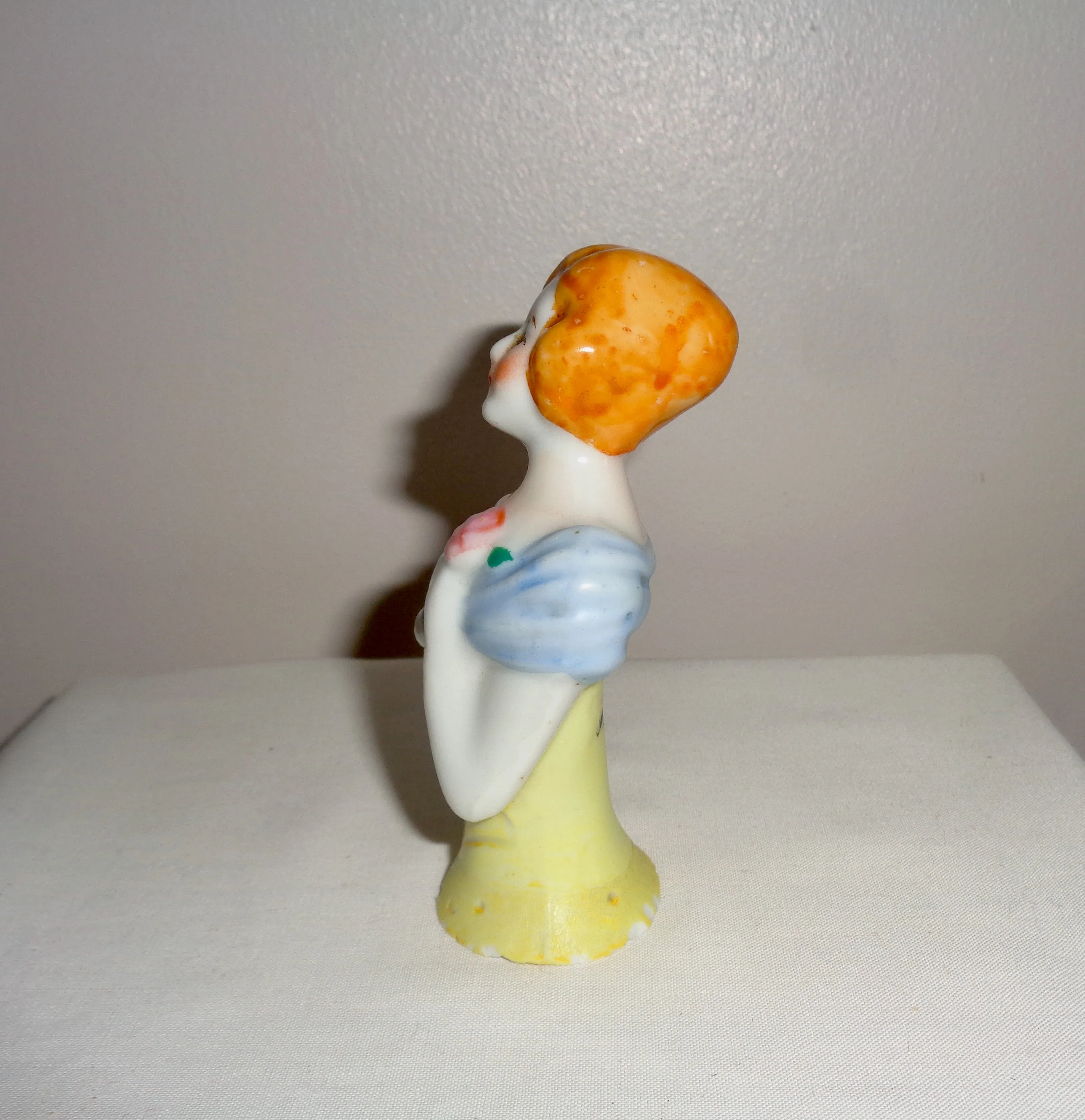 Vintage Japanese Half doll China Pin Cushion Lady (Yellow dress)