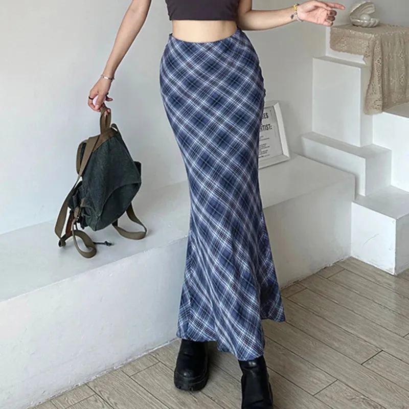 Vintage Korean Plaid Skirt Female Slim Slit Autumn Elegant Preppy Style Long Skirt Outfits Basic Y2K Aesthetic Bottom