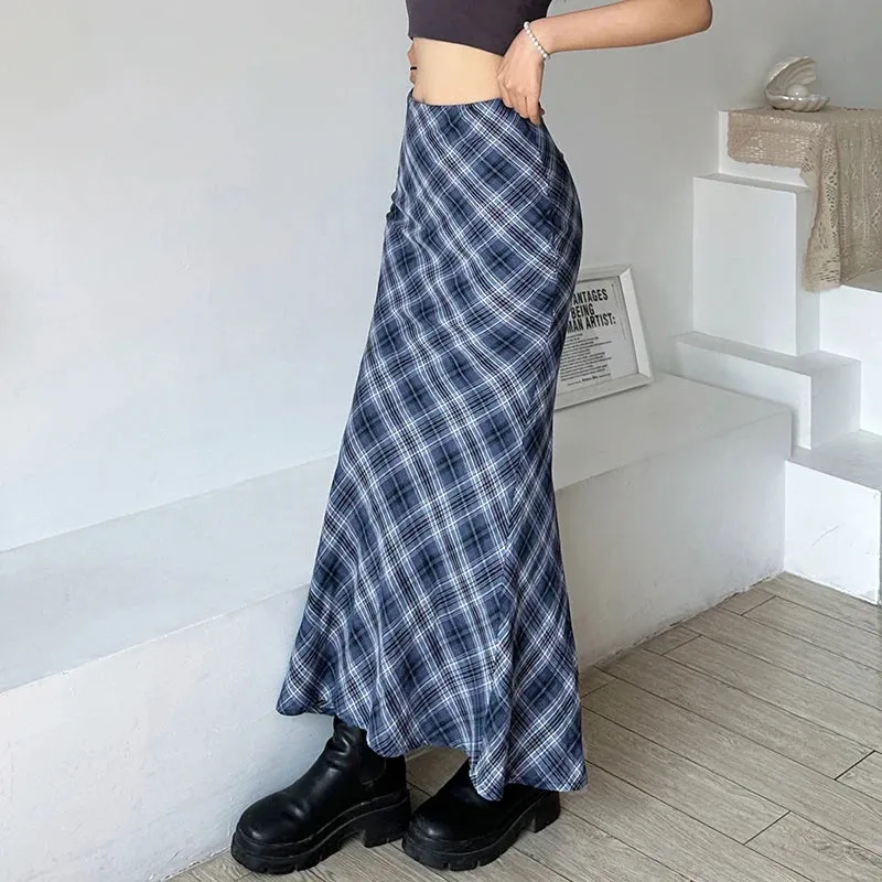 Vintage Korean Plaid Skirt Female Slim Slit Autumn Elegant Preppy Style Long Skirt Outfits Basic Y2K Aesthetic Bottom