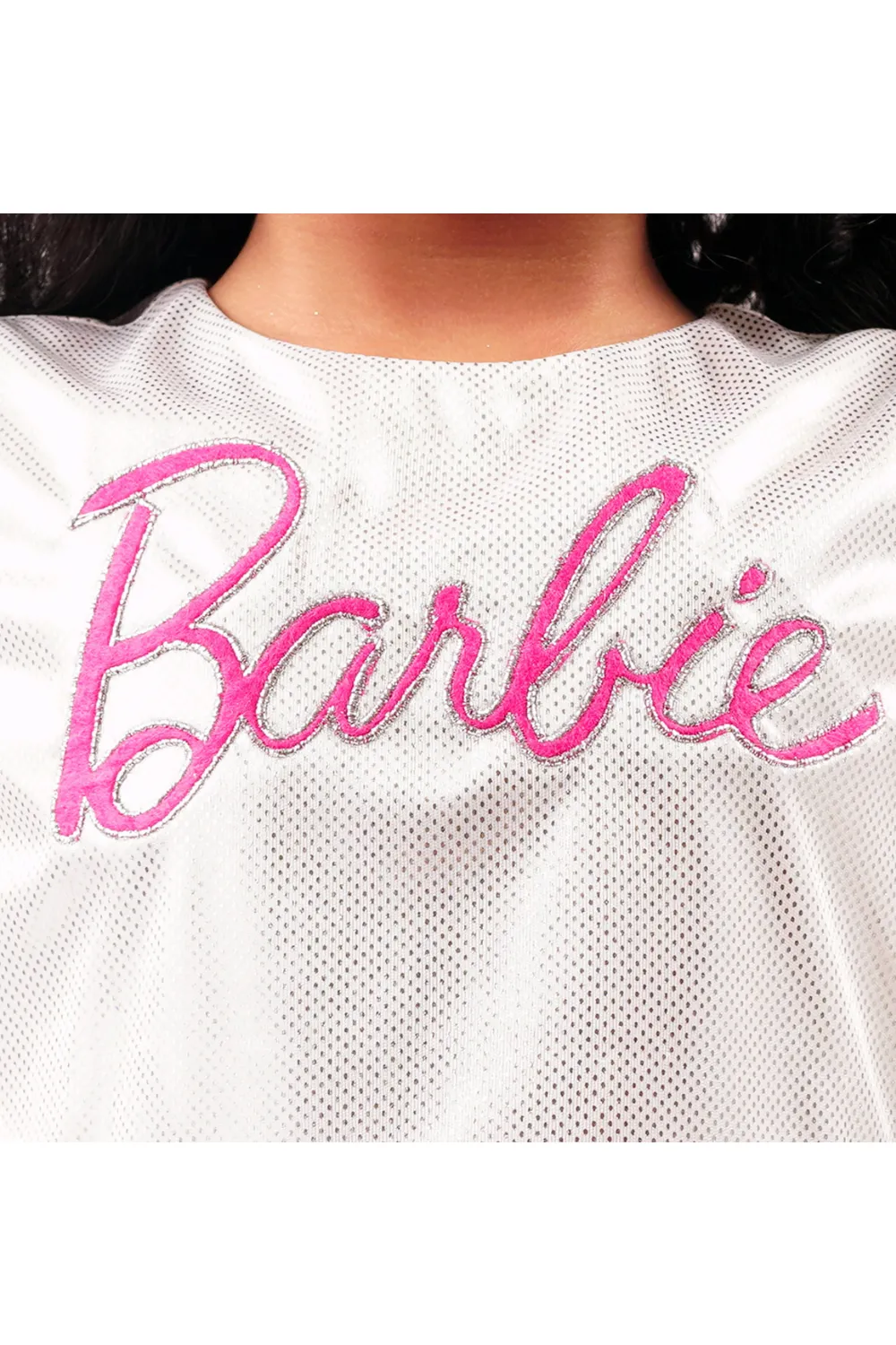 White Barbie-Embroidered Top With Black Shimmer Skirt Set