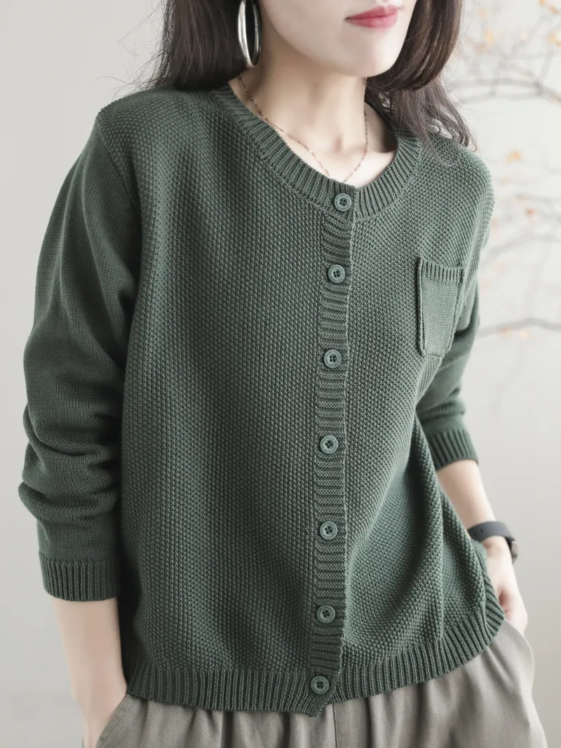 Women Casual Cardigan Long Sleeves  Loose Knitted Button Pocket Jacket