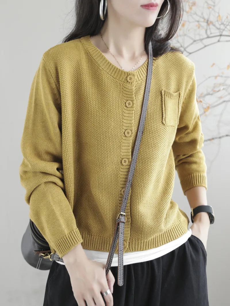 Women Casual Cardigan Long Sleeves  Loose Knitted Button Pocket Jacket