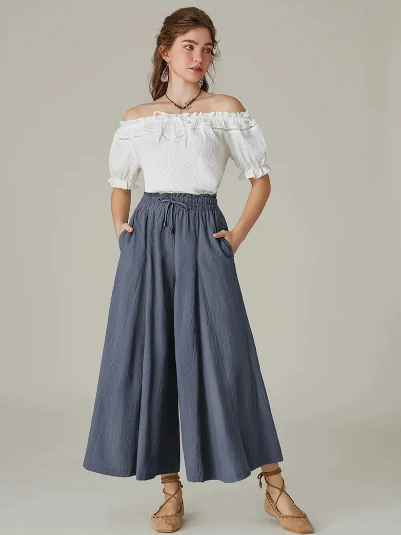 Women Cotton Renaissance Drawstring Palazzo Pants with Pocket