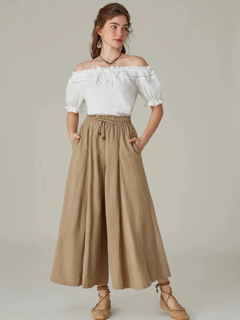 Women Cotton Renaissance Drawstring Palazzo Pants with Pocket