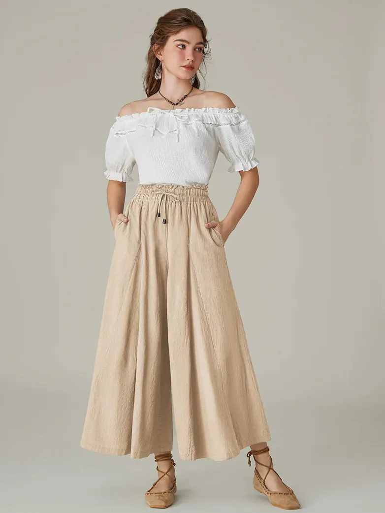 Women Cotton Renaissance Drawstring Palazzo Pants with Pocket