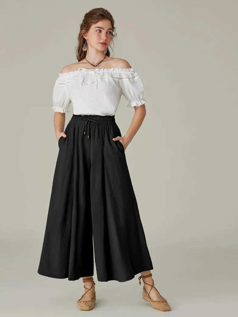 Women Cotton Renaissance Drawstring Palazzo Pants with Pocket