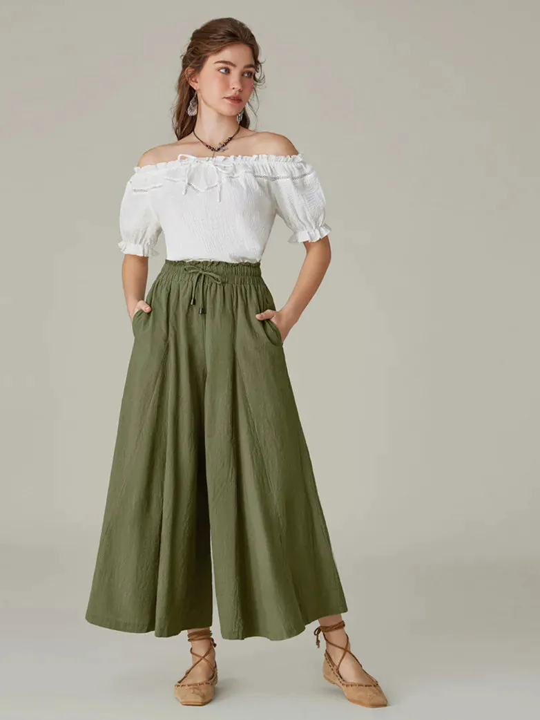 Women Cotton Renaissance Drawstring Palazzo Pants with Pocket