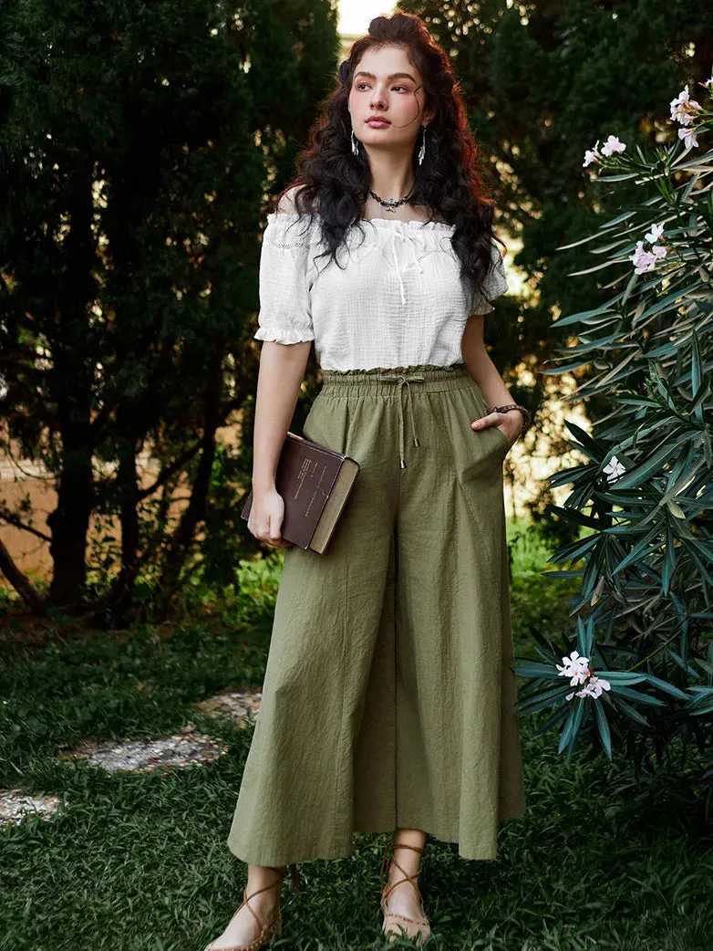 Women Cotton Renaissance Drawstring Palazzo Pants with Pocket