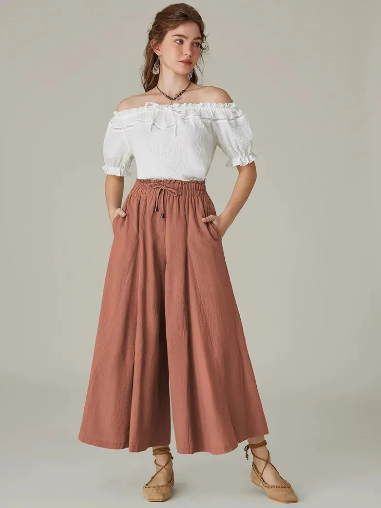 Women Cotton Renaissance Drawstring Palazzo Pants with Pocket