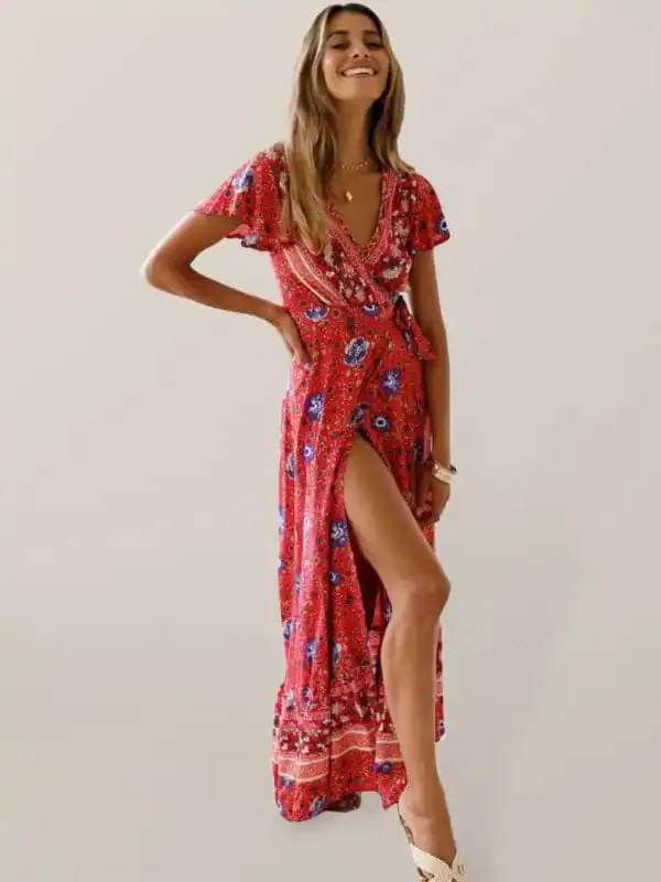 Women’s Bohemian Print Wrap Maxi Dress