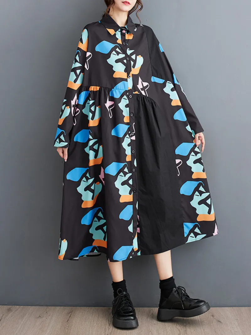 Women's Printed Flower A-Line Shirt Dress