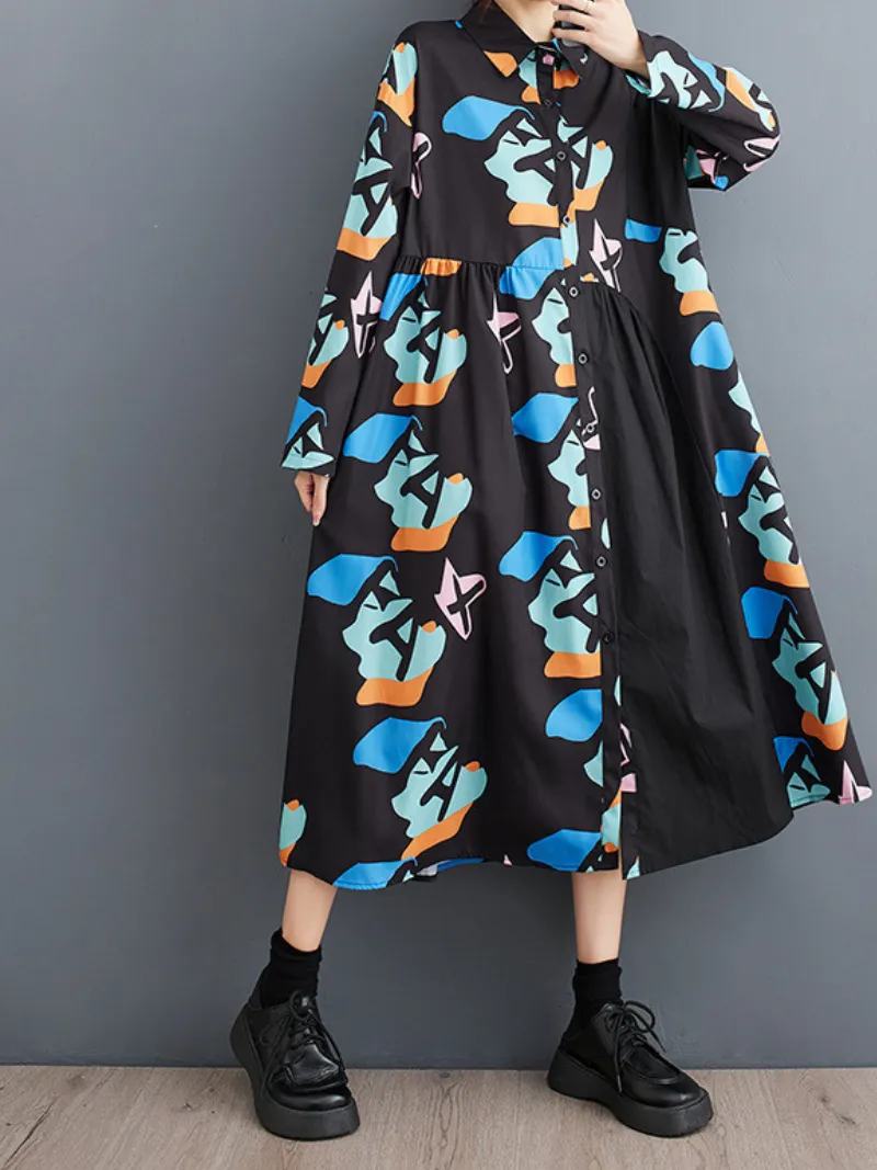 Women's Printed Flower A-Line Shirt Dress