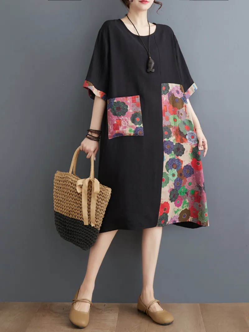 Women's Relaxed Fit Summer Printed Front Pockets A-Line Dress