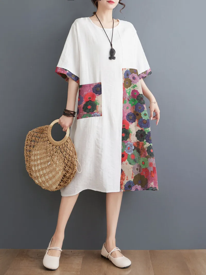 Women's Relaxed Fit Summer Printed Front Pockets A-Line Dress