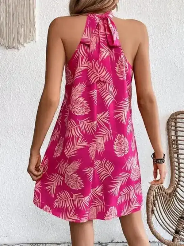 Women’s Woven Halter Leaf Print Sleeveless Dress