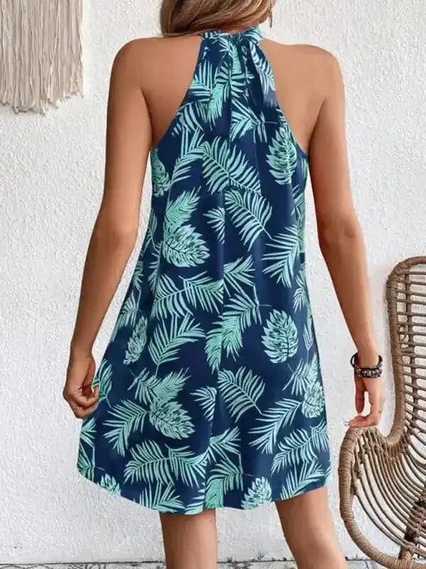 Women’s Woven Halter Leaf Print Sleeveless Dress