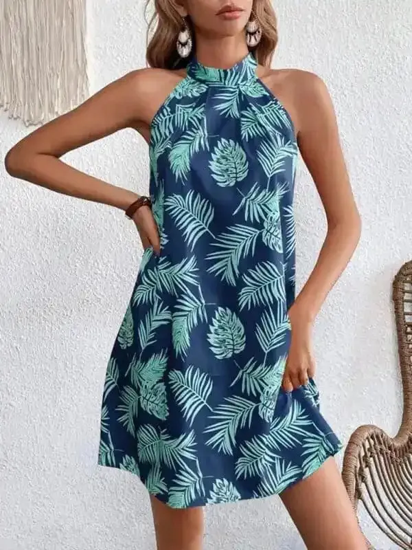 Women’s Woven Halter Leaf Print Sleeveless Dress